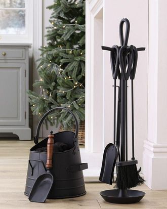 Dibor Contemporary Black Fireside 4pc Freestanding Companion Set with Coal Bucket & Shovel