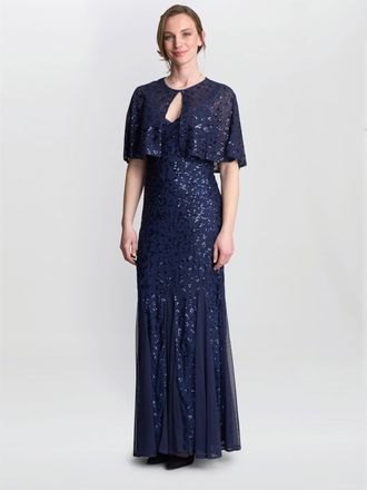 Gina Bacconi Womens Jordan Sequin Beaded Maxi Dress And Jacket - Navy - Size 10 UK