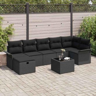 vidaXL Conjunto De Sof&aacute; De Jard&iacute;n Con Coj&iacute;n 8 Pcs Negro Polirat&aacute;n