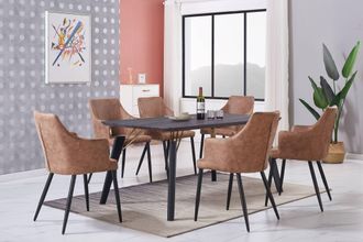 Life Interiors Juego De Comedor Cosmo Lux Zarah: Mesa De Comedor De Madera Negra Y Juego De 6 Sillas De Comedor De Cuero Marr&oacute;n - Comedor Cocina