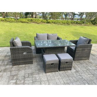 Fimous Dark Mixed Grey Rattan Outdoor Garden Furniture Lifting Adjustable Dining Or Coffee Table Sets Love Sofa Reclining Chairs Footstools 6 Seater - Fimous