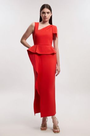 Karen Millen Womens Compact Stretch Ruffle Peplum Belted Pencil Midi Dress - Red - Size 14 UK