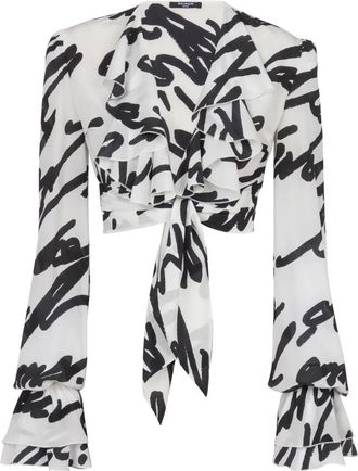 Balmain Gerimpelde love letter geknoopte crop top - Dames - Blouses - Wit - S - Overhemden