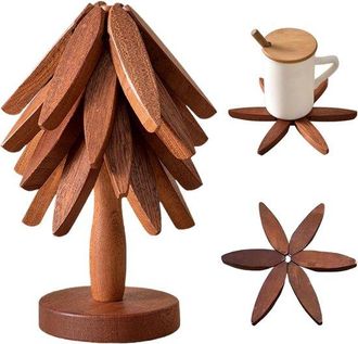 OEM Juego De Posavasos Con Forma De &Aacute;rbol, Posavasos De Madera Resistentes Al Calor, 4 Posavasos + 1 Soporte, Posavasos De Madera Plegables, Teteras