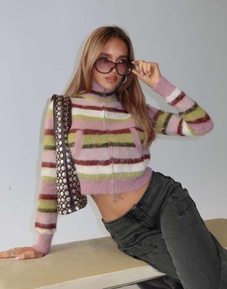 Princess Polly Keeva cardigan corto in maglia soffice con collo alto e zip, a righe multicolore
