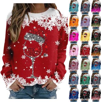 Generic WomenS Christmas Sweatshirts Wine Glass Jumper Crewneck Christmas Long Sleeve Pullover Tops Loose Print Funny Xmas Plus Size Warm Holiday Knit Sweater
