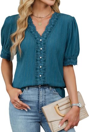 Blooming Jelly Womens Dressy Casual Blouse Short Puff Sleeve V Neck Lace Tops Summer Trendy Cute Ladies Business Work Shirt, Teal, Large