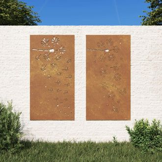 Berkfield Home Garden Wall Decorations 2pcs 105x55cm Corten Steel Flower Design in Brown | Size: 105x55 cm