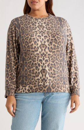 Loveappella Brushed Animal Print Long Sleeve Crewneck Top in Taupe/Brown at Nordstrom, Size 1 X