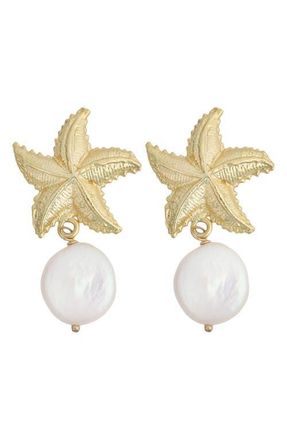 Panacea Starfish & Genuine Pearl Drop Earrings in White at Nordstrom