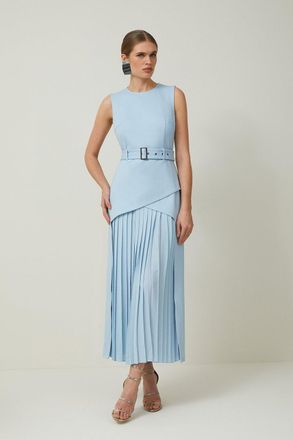 Karen Millen Womens Ponte And Georgette Jersey Pleated Maxi Dress - Pale Blue Viscose - Size Medium
