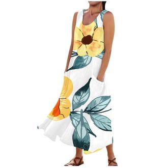 Generic Cold Shoulder Dresses Summer Oversized Flowy Floral Printed Round Neck Sleeveless Dresses Casual Maxi Vest Dress with Pockets Summer Clothes for Women