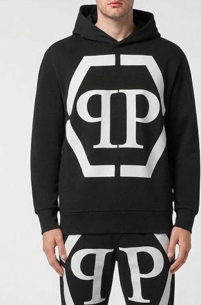 Philipp Plein Felpa con cappuccio in cotone con stampa monogram e logo Hexagon