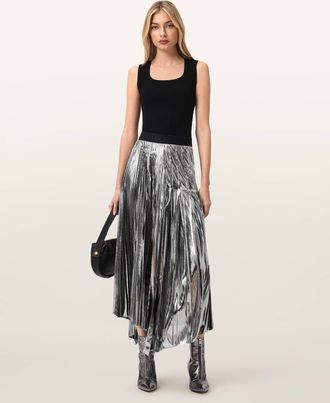 AllSaints Polyester Jax Pleated Midi Skirt, Size: UK 14/US 10