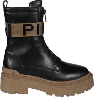 Pinko Stretch Leather Biker Lace-Up With Gold Buckle