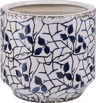 Beliani Beliani - Florero Blanco Y Azul Gres Estampado De Flores Aspecto Envejecido Dise&ntilde;o Retro Impermeable Myos