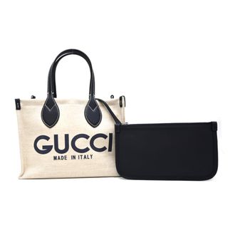 Gucci Beige Navy Canvas Leather Pouch Tote Bag (Pre-Owned)
