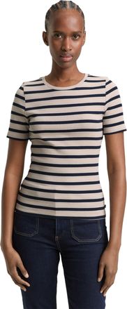 Tom Tailor Denim Rundhalsshirt TOM TAILOR DENIM, Damen, Gr. XXL, cloud grau navy stripe, Single Jersey, Obermaterial: 93% Baumwolle, 7% Elasthan, gestreift, k&ouml;rpernah 