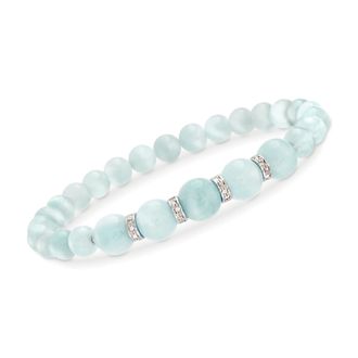 Ross-Simons 6-8mm Graduated Aquamarine Bead and. Diamond Spacer Bracelet in Sterling Silver