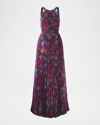 Theia Naveen Pleated Floral-Print Organza Gown