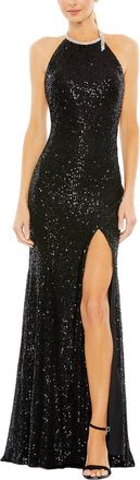 Mac Duggal Sequined High Neck Rhinestone Trim Column Dress