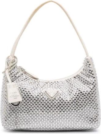 Prada Pre-owned Crystal-Embellished Satin Shoulder Bag - Dames - Vintage Schoudertas - Wit - ONE Size - Nylon - Vintage