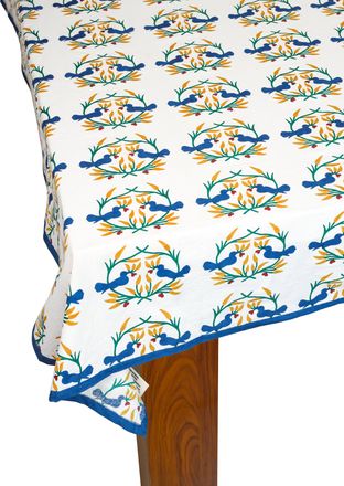 Tiramisu Bluebird Blooms Block Print Cotton Tablecloth