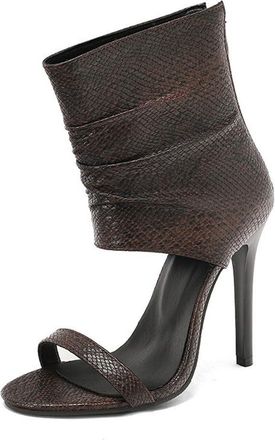 Generic Womens Snakeskin Open Peep Toe Wrap Ankle Zip Up Summer Sandals Stiletto Heel Pumps Shoes for Casual and Party (5.5,Brown)