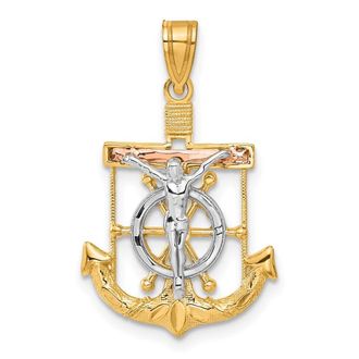 Diamond2Deal 14k Tri-color Gold Diamond-cut Textured Mariners Cross Pendant