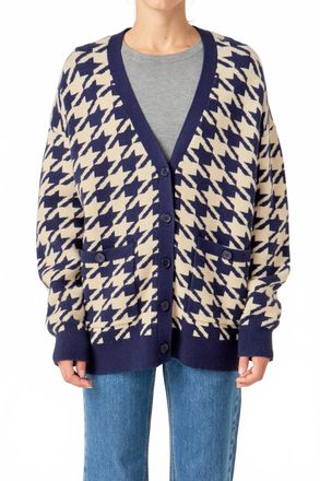 English Factory Houndstooth Knit Cardigan In Navy