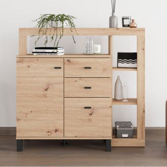 Dmora Aparador Coloni, Mueble 3 Cajones, 4 Estantes, Apertura Abatible, Corrediza, 106x35x101 Cm Roble Nodoso Marr&oacute;n