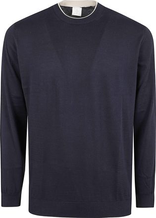 Eleventy Minimal Blue Cotton Crew Neck Sweater with Contrasting Trim
