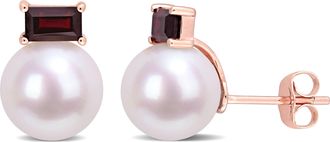 Mimi & Max 9-9.5mm Cultured Freshwater Pearl and 4/5 CT TGW Garnet Stud Earrings in 10k Rose Gold
