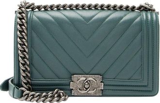 Chanel Green Caviar Leather Old Medium Boy Bag (Authentic Pre-Loved)