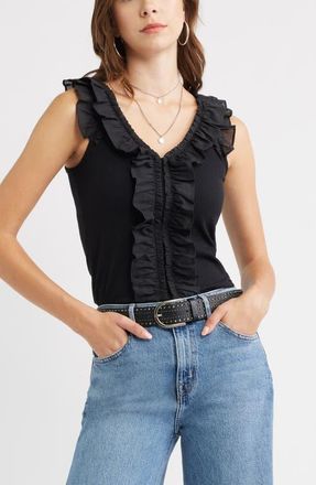 Treasure & Bond Ruffle Trim Cotton Blend Tank in Black at Nordstrom, Size Xx-Small