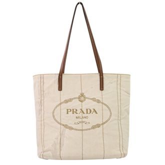 Prada Brown Off-White Coated Canvas Tote Bag (Pre-Owned)