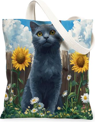 Generic Spring Russian Blue Cat Canvas Tote Bag for Shopping 13x15, Sunflower Fence Kitten Reusable Grocery Print Bag for Women, Farmhouse Pet Beach Aesthetic