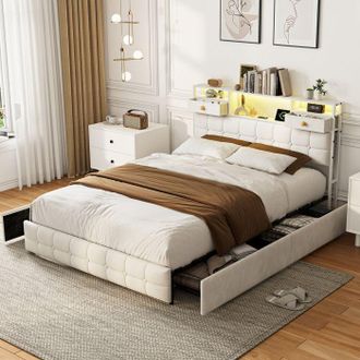 OEM Cama Doble 140x200 - Terciopelo Beige - 6 Cajones - Cabecera Con Led Usb/tipo-c - Somier De Lamas