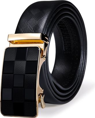 Barry.Wang Ratchet Belt for Men Leather Black Belts Gold Check Buckle Adjustable Slide Dress Golf Wedding Business Celebration Casual