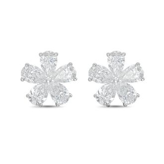 Diana M. Jewels 14kt White gold 5.00cts lab grown Pear shaped diamond flower cluster stud earrings