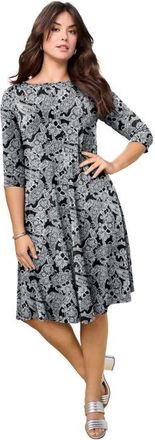 Roaman's Plus Size 3/4 Sleeve Boatneck Swing Dress in Black Fancy Paisley at Nordstrom, Size 20
