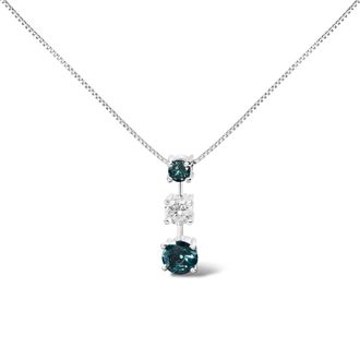 House of Brilliance 14K White Gold 1 1/2 Cttw Treated Blue and White Diamond 3-Stone 18 Pendant Necklace