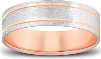Pompeii3 14k Rose & White Gold 6MM Flat Comfort Fit Mens Brushed Two Line Wedding Band