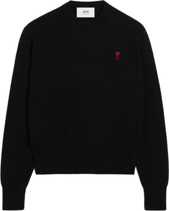 Ami Zwarte Crewneck Sweater met Ami De Coeur Motif - Heren - Ronde hals truien - Zwart - L - Wol - Truien & Vesten