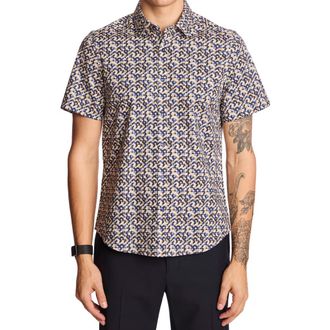 Paisley & Gray Sawyer Trim Fit Geometric Short Sleeve Button-Up Shirt in Navy Tan Geo at Nordstrom Rack, Size Small
