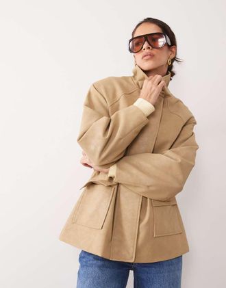 4th & Reckless giacca in camoscio sintetico con collo a imbuto, tasche frontali e vita stretta, beige-Neutro
