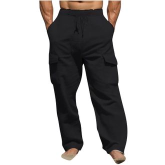 Generic Work Trousers Men Elasticated Waist Drawstring Pants Solid Baggy Cargo Trouser Wide Leg Combat Pant Casual Bottoms with Pockets Mens Hiking Climbing C