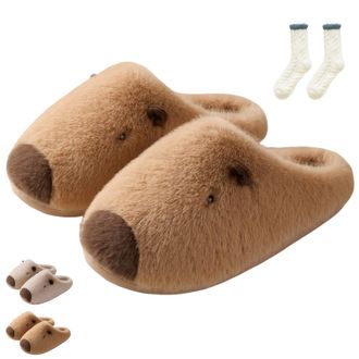 Generic Capybara Slippers for Women, 3D Plush Warm Capibara Household Slippers, Cute Non Slip for Indoor Outdoor (Khaki, UK, Adult, Women, 6.5, Numeric Range,