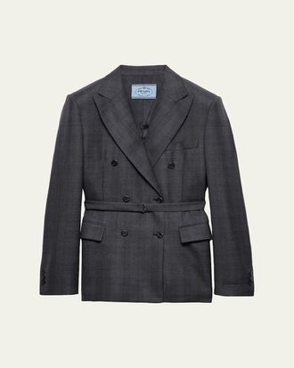 Prada Belted Checked Wool Double-Breasted Jacket