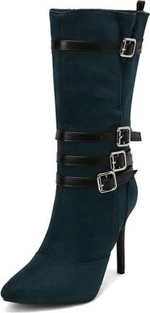 Generic Womens Fashion Buckle Straps Decor Pointed Toe Stiletto High Heel Mid Calf Boots Slip On Casual Party Winter Shoes (Green,7.5)